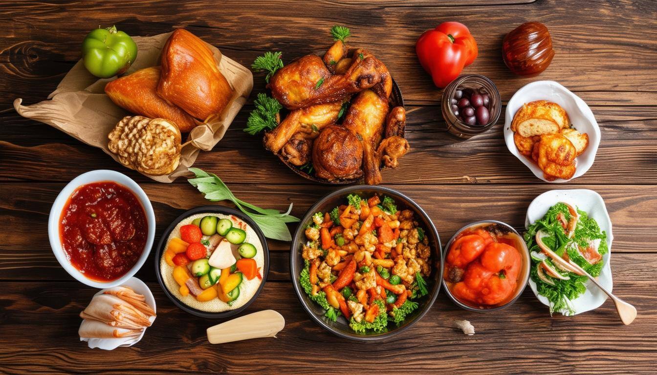 dinner on wooden table table different food groups-1 dinner on wooden table table different food groups-1